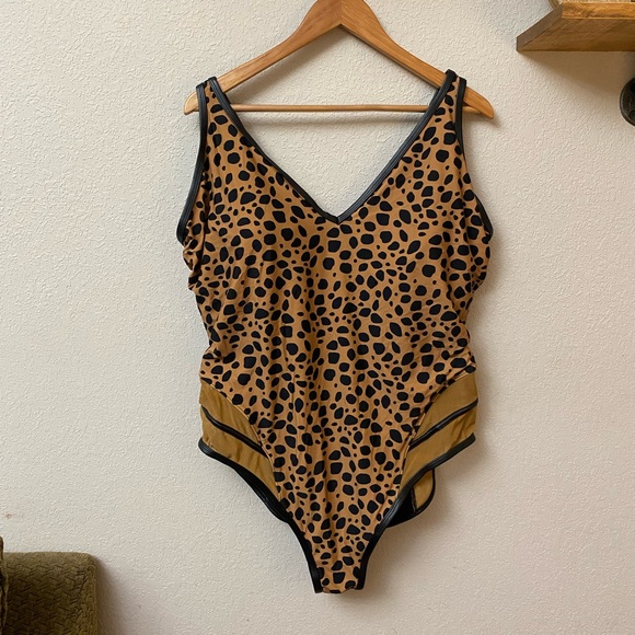 SWIMSUITS FOR ALL X GABI FRESH cheetah faux leather trim one piece swimsuit